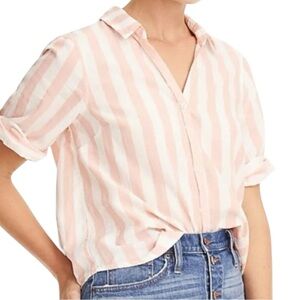 J.CREW Wide Stripe Short Sleeve Button Up Shirt Pink + White Blouse XS